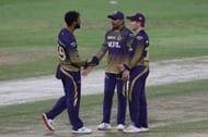 Sunil Narine (center) was a game-changer for the Kolkata Knight Riders in IPL 2021 (image Courtesy: IPLT20.com)